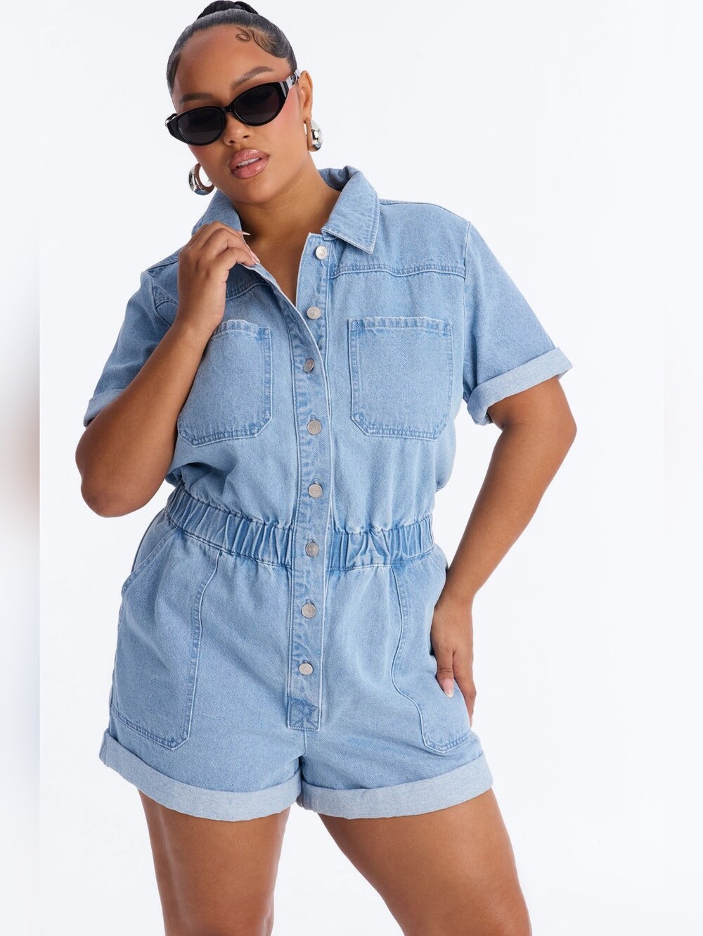 Light Blue Denim Short Romper - Women's Jeans
